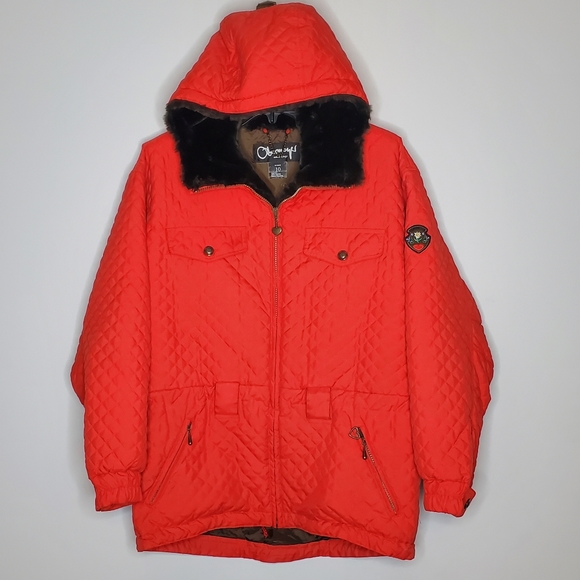 Vintage Obermeyer Red Ski Jacket Quilted faux fur lined hood‎ arm patch size 10 - Picture 2 of 13